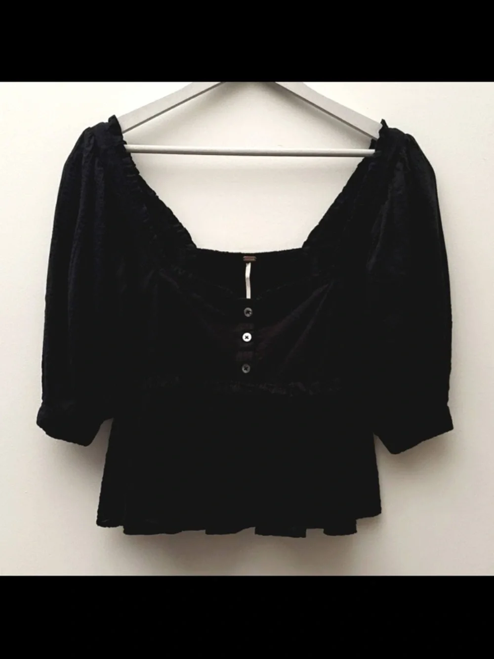 Free People Black Peplum Puff-Sleeve Button-Front Top